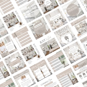 May include: A collection of social media graphics for real estate agents. The graphics feature a neutral color palette of beige and white with text overlays. Some of the graphics include images of homes, while others feature text-only designs. The graphics are designed to help real estate agents promote their services and connect with potential clients.