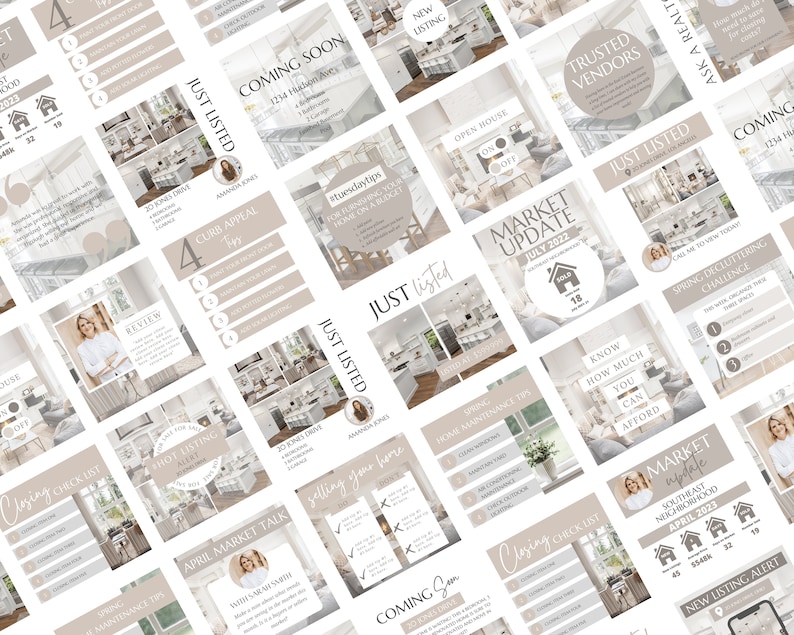 May include: A collection of social media graphics for real estate agents. The graphics feature a neutral color palette of beige and white with text overlays. Some of the graphics include images of homes, while others feature text-only designs. The graphics are designed to help real estate agents promote their services and connect with potential clients.