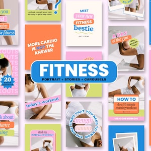 May include: A collage of colourful images promoting fitness with text overlays such as "Meet your new fitness bestie", "More cardio is not the answer", "Let's talk about resistance training", "How to do a 10 minute morning workout", and "Fitness Portrait + Stories + Carousels".