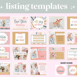 May include: A collection of pink and brown social media templates for Etsy shops. The templates feature text such as "love this listing", "edit my order", "custom order", "rush order", "FAQ", "product features", "included", "logo", "inspiration", "about me", "bonus", "important", "looking for there?", "add your title", "shop name", and "sale sale sale sale sale".