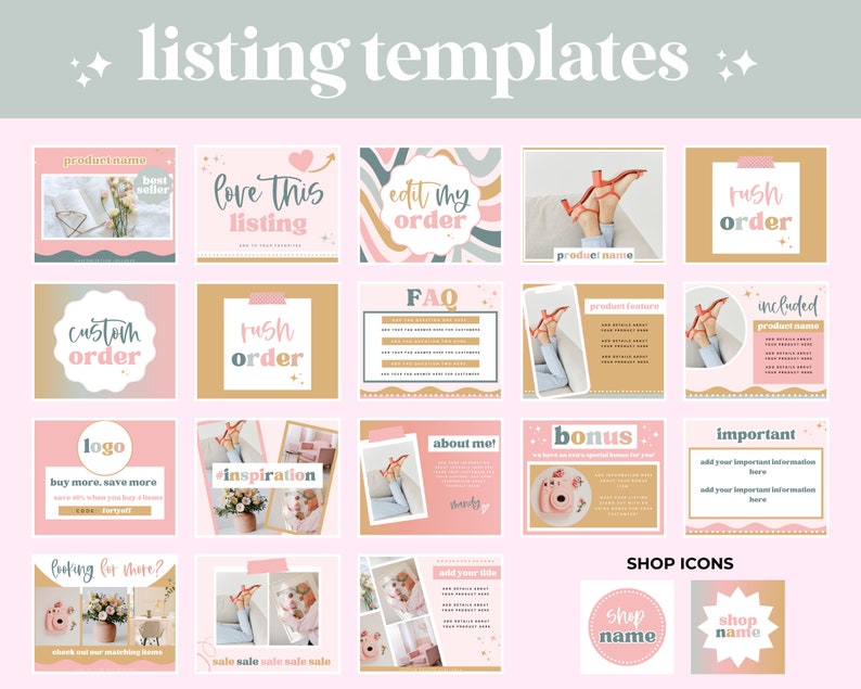 May include: A collection of pink and brown social media templates for Etsy shops. The templates feature text such as "love this listing", "edit my order", "custom order", "rush order", "FAQ", "product features", "included", "logo", "inspiration", "about me", "bonus", "important", "looking for there?", "add your title", "shop name", and "sale sale sale sale sale".