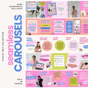 May include: A digital marketing graphic with the text "Seamless Carousels" and "Edit in Canva." The design includes pink, blue, and green elements, with text about social media strategies and low-ticket offers. Nine carousels are included.