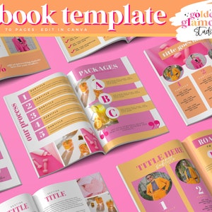 Op de afbeelding: Een roze en oranje ebook-sjabloon met de titel "ebook template" en de tekst "70 pagina's. Bewerken in Canva". De sjabloon bevat secties voor "our process", "packages", "title here" en "roadmap to success".