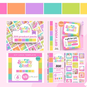 May include: A collage of colorful social media graphics for a business called "The Sunday Studio: Gifts and Crafts". The graphics include a logo template, gift voucher, and 300 product posts and 800 social media posts.