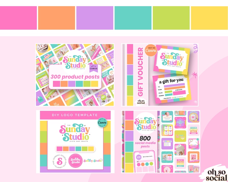 May include: A collage of colorful social media graphics for a business called "The Sunday Studio: Gifts and Crafts". The graphics include a logo template, gift voucher, and 300 product posts and 800 social media posts.