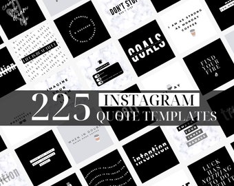 Pode incluir: Uma colagem de 225 modelos de citações do Instagram em preto e branco com detalhes em mármore. Os modelos apresentam citações e frases motivacionais como "A vida é bela", "Imagine sua vida dos sonhos", "Metas", "Encontre seu fogo", "Sou tão forte quanto o café de segunda-feira", "Quando estiver em dúvida, beba mais café", "Abrace seu badass interior", "Intenção", e "A sorte não tem nada a ver com isso".