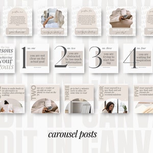 May include: A beige and white carousel post with five reasons why you are not achieving your goals. The post includes a numbered list with each reason and a corresponding image. The reasons are: you are not clear on the actual goal, you are distracted by too much information, you are trying to start too big, you are waiting for inspiration, and you are treating yourself to a new book and asking friends for recommendations.