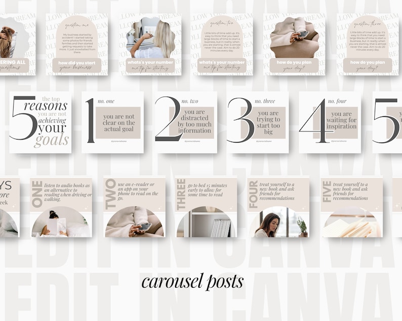 May include: A beige and white carousel post with five reasons why you are not achieving your goals. The post includes a numbered list with each reason and a corresponding image. The reasons are: you are not clear on the actual goal, you are distracted by too much information, you are trying to start too big, you are waiting for inspiration, and you are treating yourself to a new book and asking friends for recommendations.