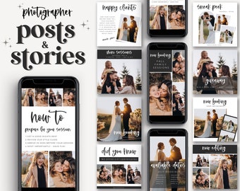 以下が含まれることがあります： 写真家向けのソーシャルメディア投稿とストーリーテンプレートのコレクション。テンプレートには、カップル、家族、子供など、さまざまな画像が掲載されています。テンプレートのテキストには、「セッションの準備方法」、「満足したお客様」、「スニークピーク」、「ミニセッション」、「今すぐ予約」、「プレゼント」、「ご存知でしたか」、「編集中」、「利用可能な日付」などのフレーズが含まれています。
