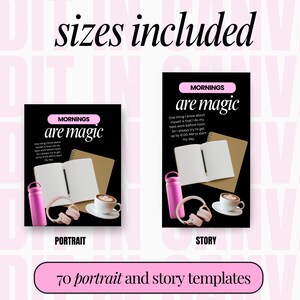 Może przedstawiać: Mockup produktu cyfrowego pokazujący dwa r&oacute;żne rozmiary szablon&oacute;w historii i portret&oacute;w na Instagramie. Tekst na makiecie brzmi "Mornings are magic". Mockup jest umieszczony na r&oacute;żowym tle z tekstem "70 szablon&oacute;w portret&oacute;w i historii".