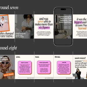May include: A digital marketing carousel with text and images. The text includes phrases like "this changed EVERYTHING," "six figures," and "July content ideas." The images feature a woman in sunglasses and a smartphone.