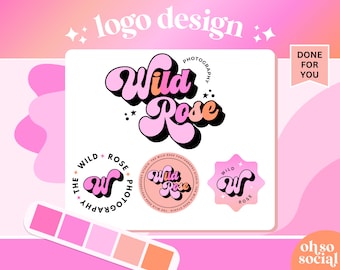 May include: A logo design for a photography business called "Wild Rose Photography". The logo features a pink and orange retro-style font with a star and the words "Photography" in a smaller font. There are also three variations of the logo in a circle, a starburst, and a square.