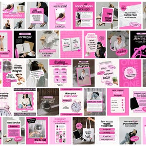Może przedstawiać: Kolaż r&oacute;żowych i czarnych grafik na Instagramie z tekstem o marketingu w mediach społecznościowych, tworzeniu treści i wskaz&oacute;wkach biznesowych. Tekst zawiera takie zwroty jak "Tak często musisz publikować treści", "Jak tworzyć treści", "Udostępnianie wszystkiego, czego używam w mojej firmie", "Formuła Reels", "Makeover Instagram", "Jak możemy wsp&oacute;łpracować" i "Zatrzymaj codzienne publikowanie".