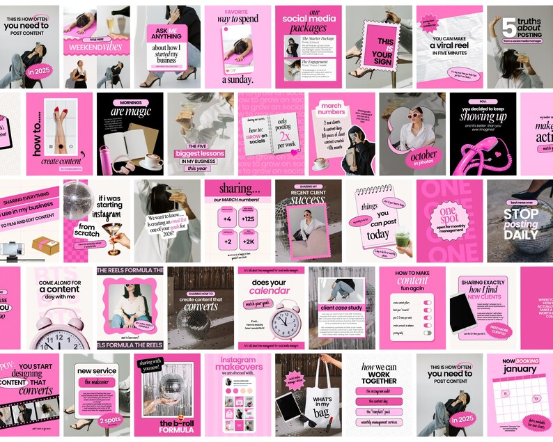 Może przedstawiać: Kolaż r&oacute;żowych i czarnych grafik na Instagramie z tekstem o marketingu w mediach społecznościowych, tworzeniu treści i wskaz&oacute;wkach biznesowych. Tekst zawiera takie zwroty jak "Tak często musisz publikować treści", "Jak tworzyć treści", "Udostępnianie wszystkiego, czego używam w mojej firmie", "Formuła Reels", "Makeover Instagram", "Jak możemy wsp&oacute;łpracować" i "Zatrzymaj codzienne publikowanie".