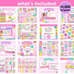 May include: A collection of over 1,300 social media templates in pink, yellow, and green featuring the text "Sunday Studio". The templates include Instagram reels, Facebook banners, product posts, business cards, thank you cards, loyalty cards, and invoices.