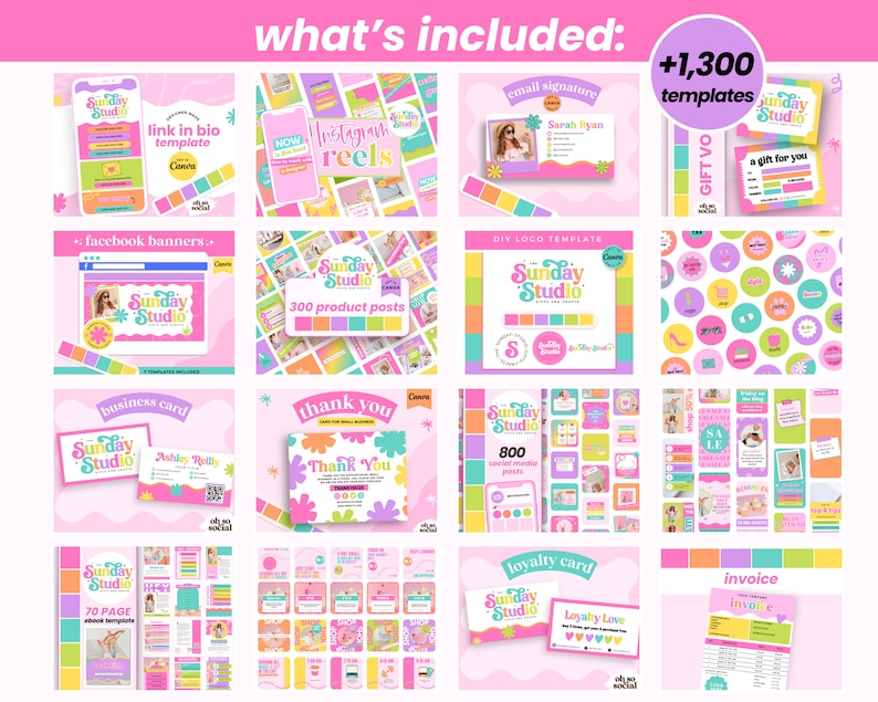 May include: A collection of over 1,300 social media templates in pink, yellow, and green featuring the text "Sunday Studio". The templates include Instagram reels, Facebook banners, product posts, business cards, thank you cards, loyalty cards, and invoices.