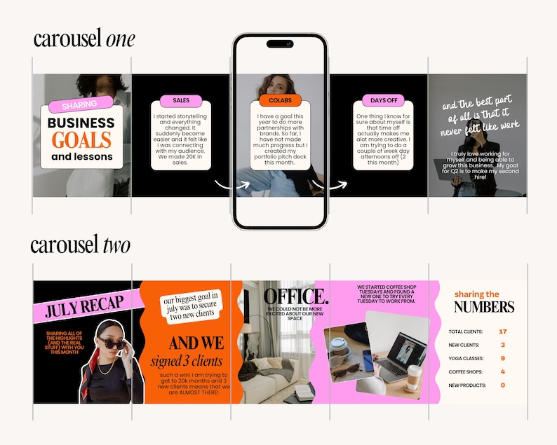 May include: A social media carousel graphic with text and images. The graphic includes the words "BUSINESS GOALS and lessons", "SALES", "COLABS", "DAYS OFF", "JULY RECAP", "OFFICE", and "sharing the NUMBERS".