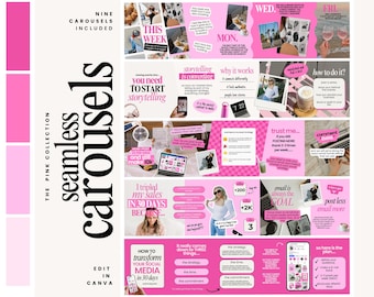 Carousel Templates - Social Media Manager Templates - Seamless Carousels  - Portrait Instagram Posts  - Content Creator - Pink Social Media