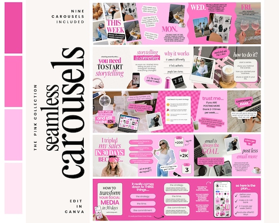 Carousel Templates - Social Media Manager Templates - Seamless Carousels  - Portrait Instagram Posts  - Content Creator - Pink Social Media