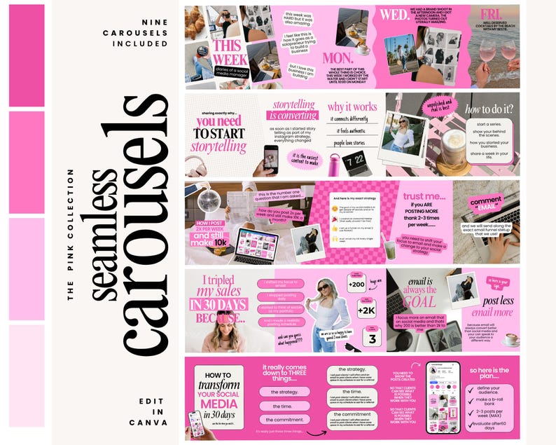 Pode incluir: Um design gr&aacute;fico rosa e branco com o texto "Seamless Carousels" e "The Pink Collection". A imagem inclui nove modelos de carrossel com texto como "Como transformar suas m&iacute;dias sociais em 30 dias" e "Edit in Canva."