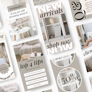 May include: A collage of images promoting a new product line. The images feature a bookshelf with new arrivals, a 50% off sale, and tips for new bloggers. The text "shop now" is featured in bold white letters on a brown background.