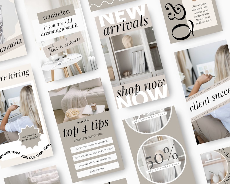May include: A collage of images promoting a new product line. The images feature a bookshelf with new arrivals, a 50% off sale, and tips for new bloggers. The text "shop now" is featured in bold white letters on a brown background.