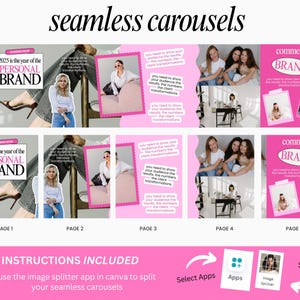 Pode incluir: Um design gr&aacute;fico rosa e branco com o texto "seamless carousels" no topo. O design inclui imagens de pessoas e caixas de texto com as palavras "2025 is the year of the PERSONAL BRAND" e "comment BRAND". Instru&ccedil;&otilde;es inclu&iacute;das.