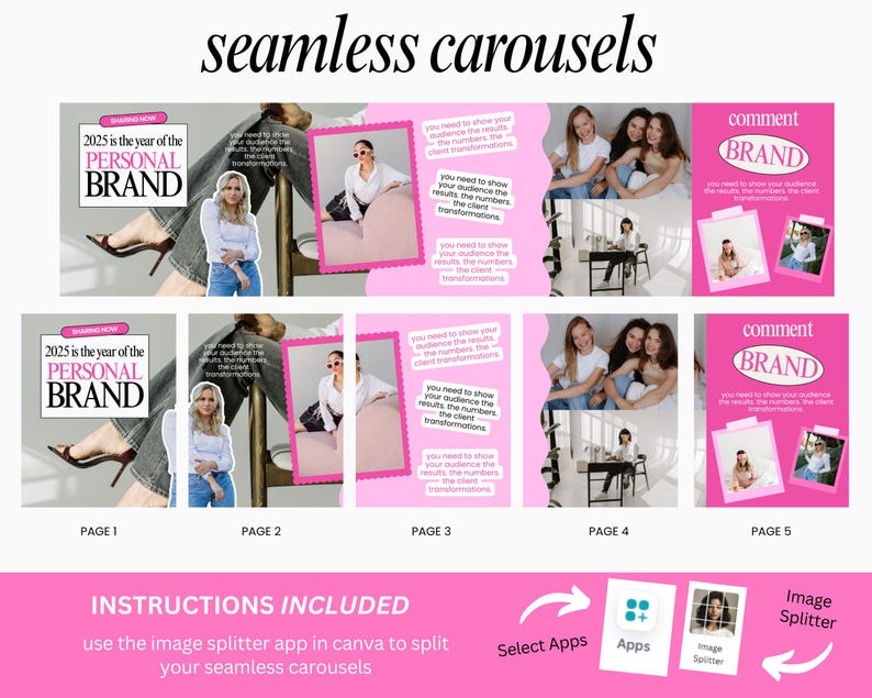 Pode incluir: Um design gr&aacute;fico rosa e branco com o texto "seamless carousels" no topo. O design inclui imagens de pessoas e caixas de texto com as palavras "2025 is the year of the PERSONAL BRAND" e "comment BRAND". Instru&ccedil;&otilde;es inclu&iacute;das.