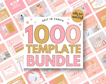 Op de afbeelding: Een roze en gouden afbeelding met de tekst "1000 TEMPLATE BUNDLE" en de woorden "EDIT IN CANVA" in wit. De afbeelding is omringd door kleinere roze en gouden afbeeldingen met tekst zoals "giveaway", "oh, so social", "what if", "today" en "answering all of your questions".