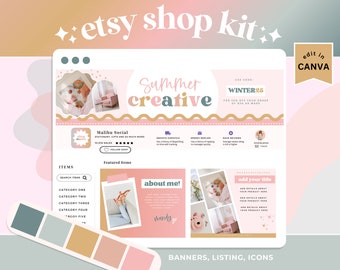 Puede incluir: Un kit de tienda Etsy rosa y dorado con temática de verano. El kit incluye banners, listados e iconos. El texto "Summer Creative" aparece en una fuente rosa y dorada. El kit es editable en Canva.