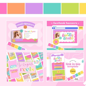 May include: A set of social media templates featuring a pink, yellow, green, and blue color scheme. The templates include an email signature, Facebook banners, Instagram reels, and a link in bio template. The templates feature the text "Sunday Studio" and "Oh So Social".