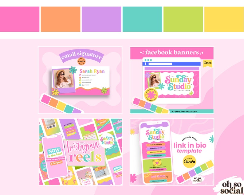 May include: A set of social media templates featuring a pink, yellow, green, and blue color scheme. The templates include an email signature, Facebook banners, Instagram reels, and a link in bio template. The templates feature the text "Sunday Studio" and "Oh So Social".