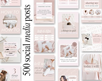 May include: A set of social media post templates featuring pink and white backgrounds. The text on the templates includes phrases such as "How to decorate on a budget", "Are you using social media to grow your business?", "Top 6 tips for small business owners", "5 things to quit", "Tell us where do you find inspiration", "Tell us what is your favourite way to plan your schedule?", "Today I will: do something I have had in mind", "Sharing my favourite morning routine", and "Work with us".