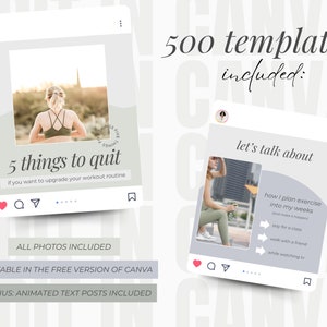 Puede incluir: Dos plantillas de publicaci&oacute;n de Instagram con fondo gris y texto blanco. La primera publicaci&oacute;n presenta a una mujer con un sujetador deportivo verde y leggings negros, con el texto "5 cosas que debes dejar de hacer si quieres mejorar tu rutina de entrenamiento". La segunda publicaci&oacute;n presenta a una mujer con un atuendo verde sentada en un banco, con el texto "hablemos de c&oacute;mo planifico el ejercicio en mis semanas".