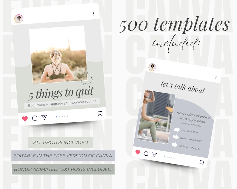 Puede incluir: Dos plantillas de publicaci&oacute;n de Instagram con fondo gris y texto blanco. La primera publicaci&oacute;n presenta a una mujer con un sujetador deportivo verde y leggings negros, con el texto "5 cosas que debes dejar de hacer si quieres mejorar tu rutina de entrenamiento". La segunda publicaci&oacute;n presenta a una mujer con un atuendo verde sentada en un banco, con el texto "hablemos de c&oacute;mo planifico el ejercicio en mis semanas".