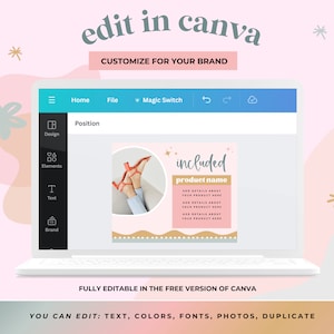 May include: A laptop screen displaying a Canva design template with a pink background and gold stars. The template features a photo of a woman's legs wearing red heels and a text box that says "included product name". The text box has a pink background and gold stars. The text box also includes a list of bullet points with the text "Add details about your product here".