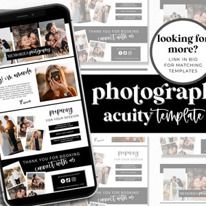 May include: A black and white graphic design template for a photography business. The template features a phone screen with a collage of photos, the text "Memories Photography", and the words "Hey! I'm Amanda". The template also includes a section for preparing for a photo session and a thank you message for booking. The template is designed to be used with the Acuity Scheduling platform.