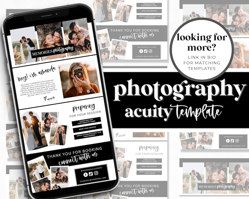 May include: A black and white graphic design template for a photography business. The template features a phone screen with a collage of photos, the text "Memories Photography", and the words "Hey! I'm Amanda". The template also includes a section for preparing for a photo session and a thank you message for booking. The template is designed to be used with the Acuity Scheduling platform.