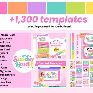 May include: A pink and green graphic design template for social media, featuring the text "Sunday Studio" and the phrase "+1,300 templates everything you need for your business!" The template includes a variety of designs for social media posts, highlight covers, product posts, gift certificates, business cards, loyalty cards, link in bio templates, reel covers, invoices, order forms, email signatures, Facebook banners, logo designs, thank you cards, and gift vouchers.