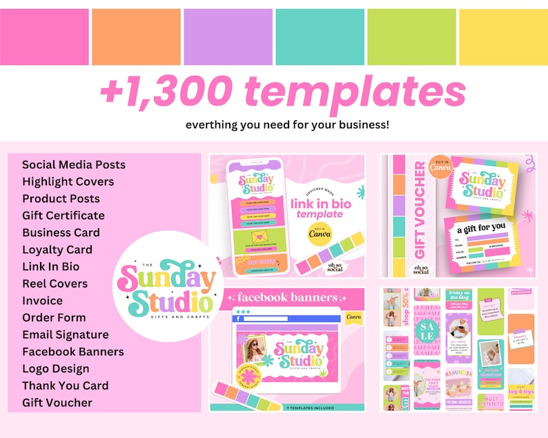May include: A pink and green graphic design template for social media, featuring the text "Sunday Studio" and the phrase "+1,300 templates everything you need for your business!" The template includes a variety of designs for social media posts, highlight covers, product posts, gift certificates, business cards, loyalty cards, link in bio templates, reel covers, invoices, order forms, email signatures, Facebook banners, logo designs, thank you cards, and gift vouchers.