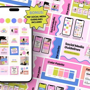 Puede incluir: Una maqueta digital de publicaciones e historias en redes sociales con una paleta de colores rosa, azul y verde. El dise&ntilde;o incluye texto como "tres consejos", "c&oacute;mo hacerlo", "s&iacute;, puedes" y "no puedo vivir". La imagen tambi&eacute;n incluye una paleta de colores e informaci&oacute;n sobre fuentes.