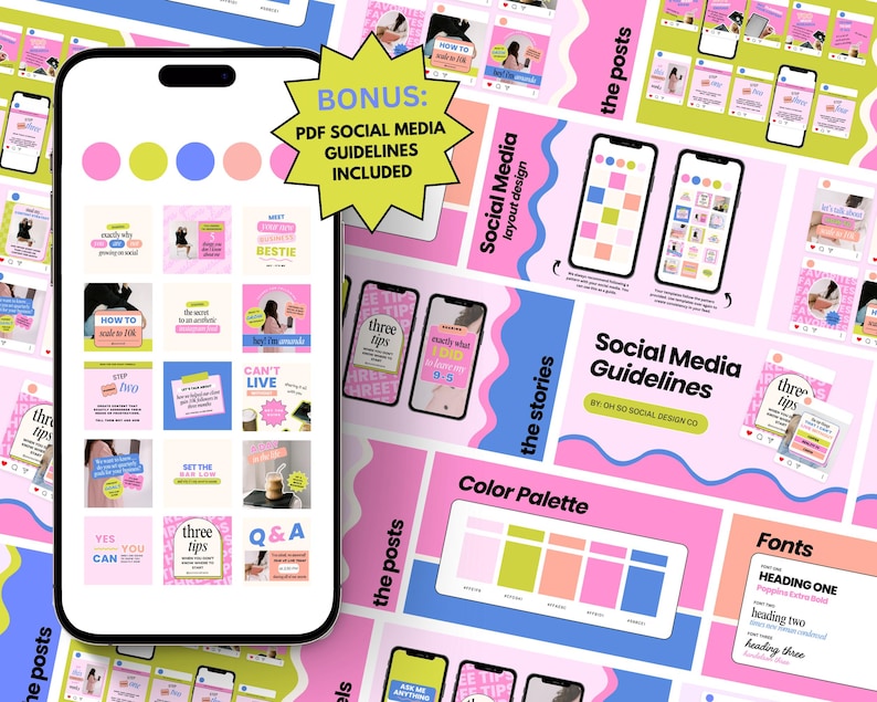 Puede incluir: Una maqueta digital de publicaciones e historias en redes sociales con una paleta de colores rosa, azul y verde. El dise&ntilde;o incluye texto como "tres consejos", "c&oacute;mo hacerlo", "s&iacute;, puedes" y "no puedo vivir". La imagen tambi&eacute;n incluye una paleta de colores e informaci&oacute;n sobre fuentes.