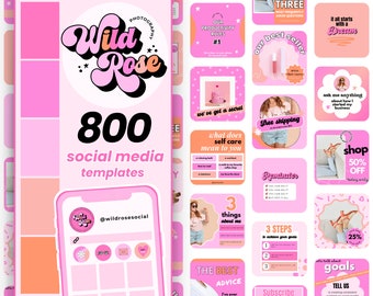 Op de afbeelding: Een roze en oranje social media sjabloonontwerp met de tekst "Wild Rose" in een retro lettertype. De sjabloon bevat 800 social media sjablonen voor gebruik op Instagram, Facebook, Pinterest en andere social media platforms. De sjabloon bevat ook de tekst "@wildrosesocial".