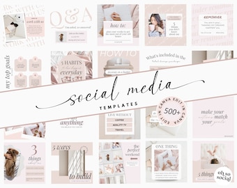 May include: A collection of social media templates in a pink and white color scheme. The templates feature text overlays with phrases like "work with us", "5 habits everyday", "how to", "live without", "make your actions match your goals", and "oh so social".