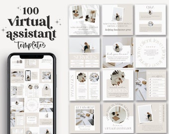 Puede incluir: Una maqueta de producto digital que presenta 100 plantillas de asistente virtual. Las plantillas se muestran en un teléfono inteligente y en una cuadrícula de imágenes cuadradas. La combinación de colores es neutra con tonos beige y blanco, y el texto incluye frases como "Asistente virtual" y "Servicios".