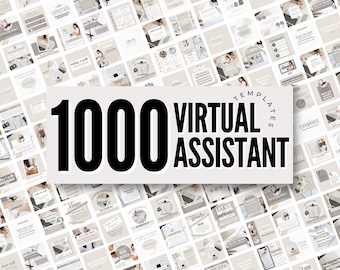 Peut inclure: Un collage de 1000 modèles d'assistant virtuel dans un schéma de couleurs beige et blanc. Les modèles présentent du texte, des graphiques et des images liés au travail d'assistant virtuel.