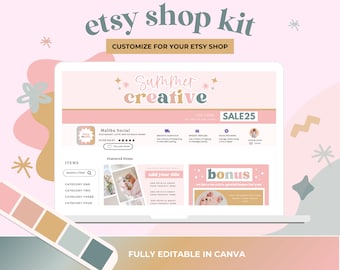 Puede incluir: Una pantalla de computadora portátil rosa y blanca que muestra una maqueta de la página de inicio de una tienda Etsy. La tienda se llama "Malibu Social" y presenta un tema creativo de verano. La página de inicio incluye una sección de artículos destacados, una sección de bonificación y una llamada a la acción para usar el código "SALE25".
