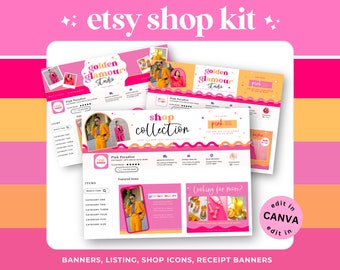 Puede incluir: Un kit de tienda Etsy rosa y amarillo con el texto "golden glamour studio" y "shop collection". El kit incluye banners, listados, iconos de tienda y banners de recibos. El kit es editable en Canva.