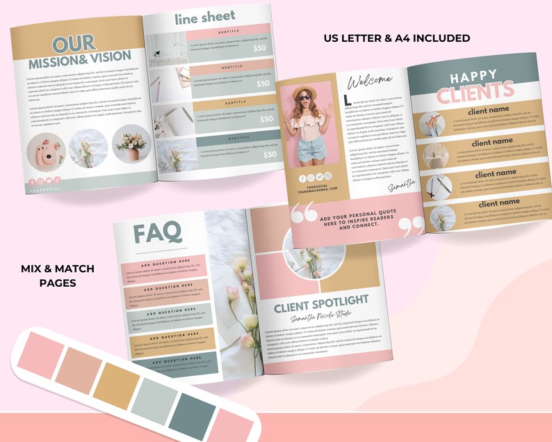 Może przedstawiać: Makieta broszury w kolorze r&oacute;żowym i brązowym z tekstem "Our Mission & Vision", "Mix & Match Pages", "FAQ", "Welcome", "Happy Clients", "Client Spotlight" oraz "Add your personal quote here to inspire readers and connect."