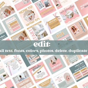 May include: A collection of social media templates in pastel colors, featuring text like "How To," "Goals," and "About Me." The templates include photos and graphics, with the word "edit" and instructions to modify text, fonts, colors, photos, and more.